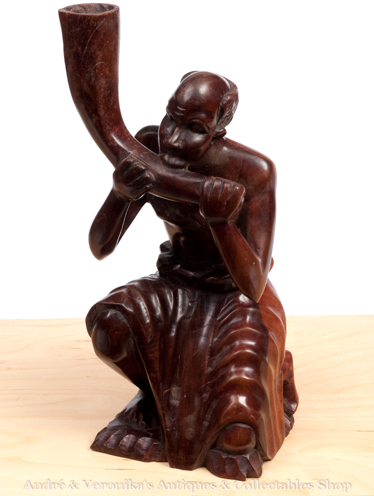 13" African Wooden Carved ELDER Native MAN Blowing Horn Hardwood