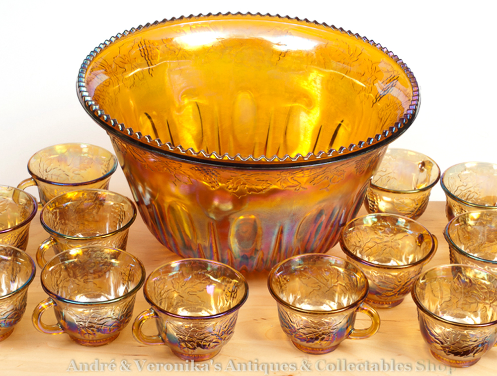 Mulled Wine CARNIVAL PUNCH BOWL 12 Cup Set Orange Indiana Pressed Glass