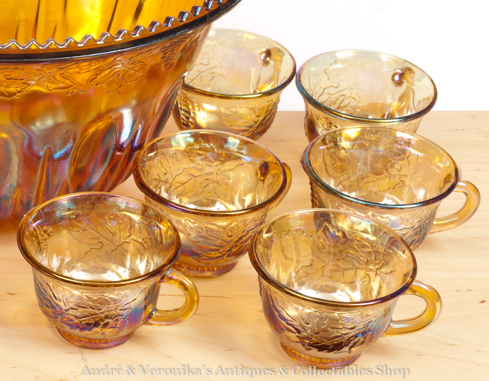 Mulled Wine CARNIVAL PUNCH BOWL 12 Cup Set Orange Indiana Pressed Glass