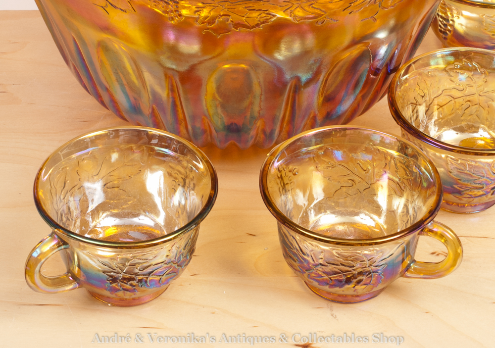 Mulled Wine CARNIVAL PUNCH BOWL 12 Cup Set Orange Indiana Pressed Glass