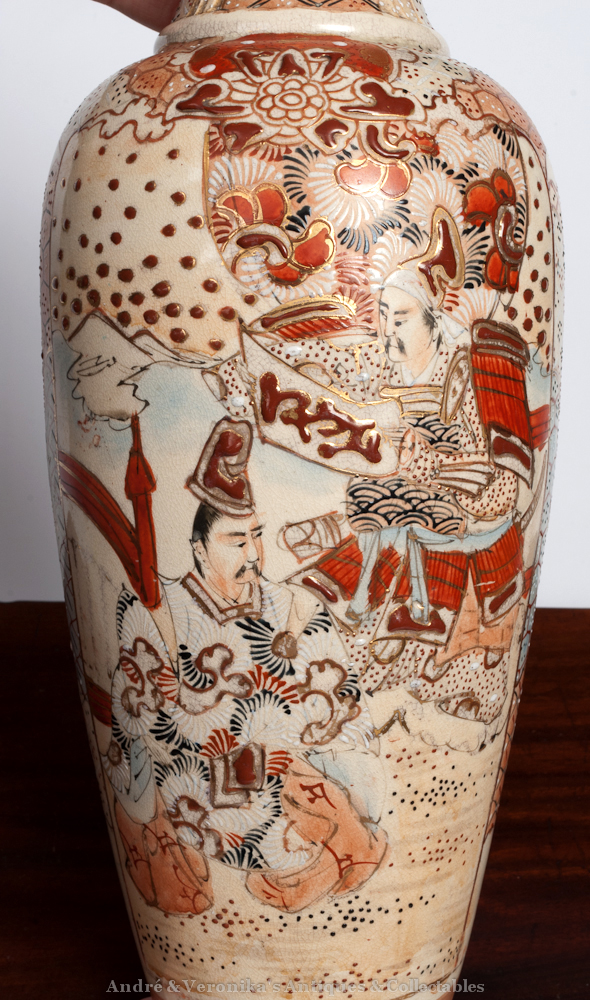 Antique Satsuma Japanese Vase 15" Tall Warrior Samurai & Scholar Scenes