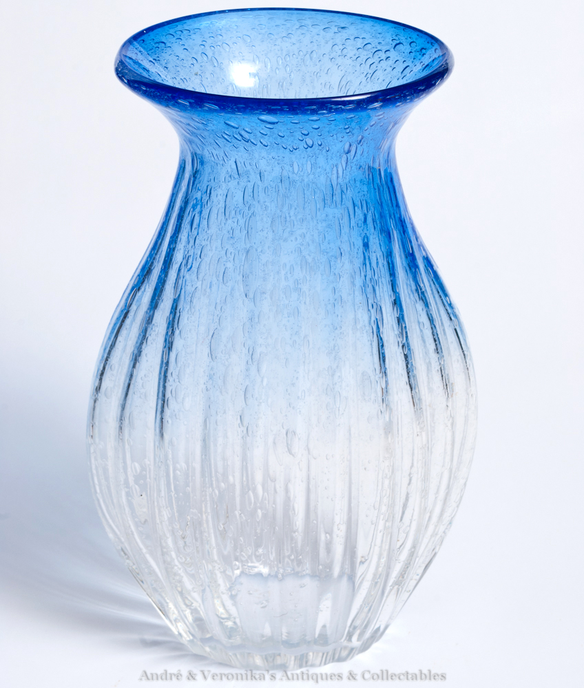 12" Large Art Glass Vase, Controlled Bubbles Blue Clear Blown Modern