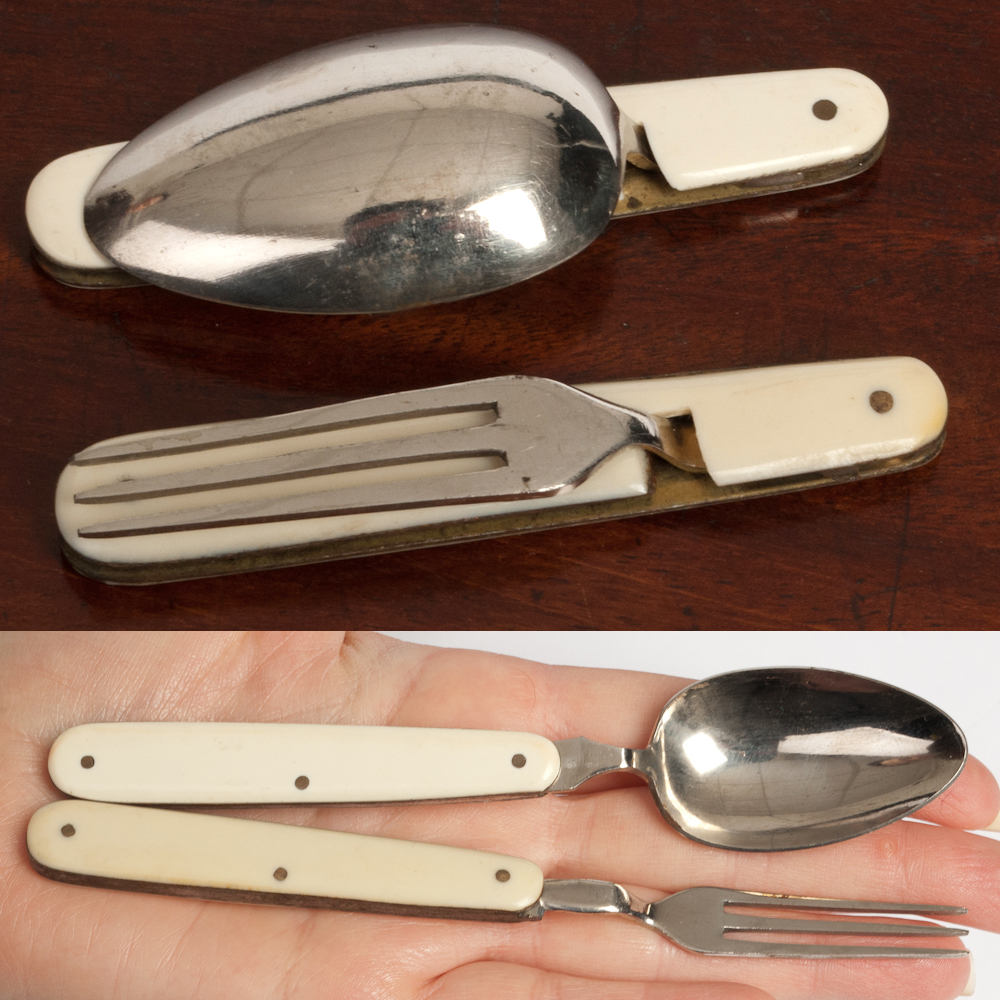 Antique Folding TRAVEL SPOON & Fruit FORK Baby Cutlery Vintage Pocket