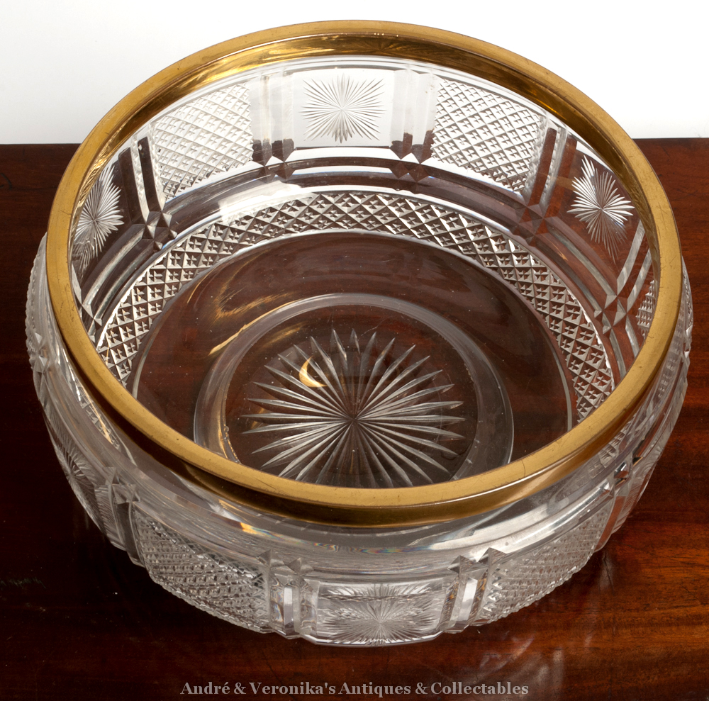 Antique Wheel Cut Crystal Fruit Centrepiece Bowl w. Gold Brass Metal