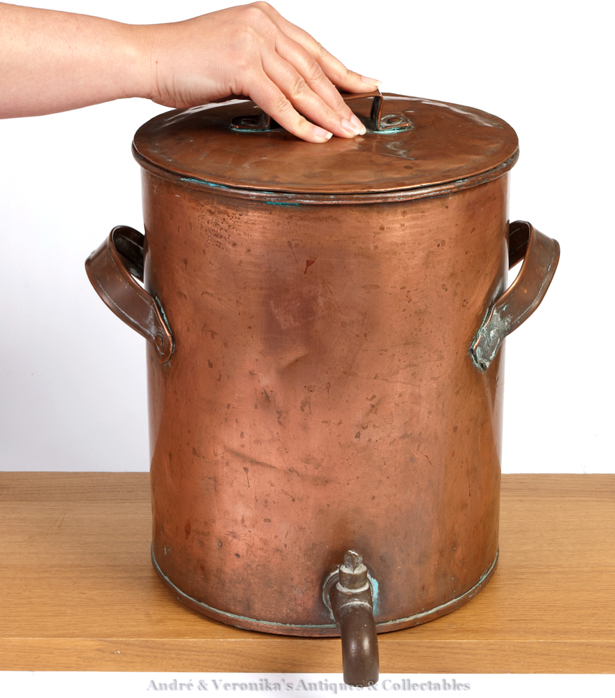 Antique Copper Brewing / Stewing Pot Barrel w Lid + Spigot Coal Fire