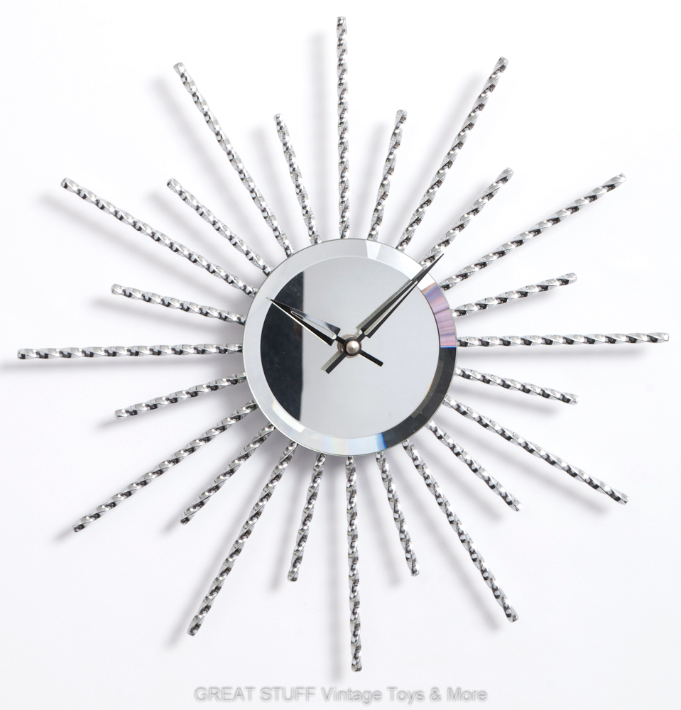 Sunburst SUN Wall CLOCK Beveled Mirror Chrome Steel Art Deco Style