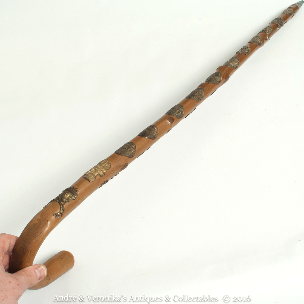 GERMAN Bentwood Walking Stick 24 City Crest Badge Mount Vintage Metal
