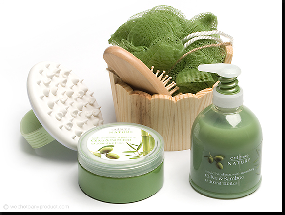 Cosmetics and bath toiletries, note the visibility of the white back scrub on white background, the visibility of the top label and side of the container.